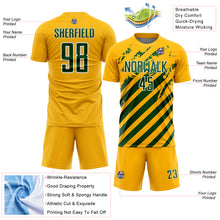 Laden Sie das Bild in den Galerie-Viewer, Custom Gold Green-White Distressed Diagonal Stripe Pattern Sports Sublimation Soccer Uniform Jersey