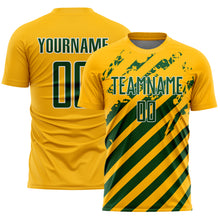 Laden Sie das Bild in den Galerie-Viewer, Custom Gold Green-White Distressed Diagonal Stripe Pattern Sports Sublimation Soccer Uniform Jersey