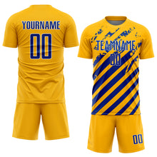 Laden Sie das Bild in den Galerie-Viewer, Custom Gold Royal-White Distressed Diagonal Stripe Pattern Sports Sublimation Soccer Uniform Jersey