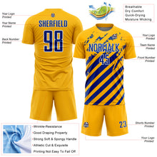 Laden Sie das Bild in den Galerie-Viewer, Custom Gold Royal-White Distressed Diagonal Stripe Pattern Sports Sublimation Soccer Uniform Jersey