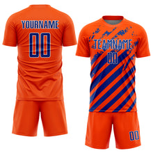 Загрузить изображение в средство просмотра галереи, Custom Orange Royal-White Distressed Diagonal Stripe Pattern Sports Sublimation Soccer Uniform Jersey