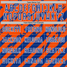 Загрузить изображение в средство просмотра галереи, Custom Orange Royal-White Distressed Diagonal Stripe Pattern Sports Sublimation Soccer Uniform Jersey