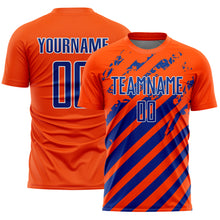 Загрузить изображение в средство просмотра галереи, Custom Orange Royal-White Distressed Diagonal Stripe Pattern Sports Sublimation Soccer Uniform Jersey