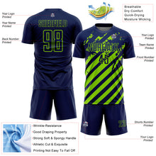 Загрузить изображение в средство просмотра галереи, Custom Navy Neon Green Distressed Diagonal Stripe Pattern Sports Sublimation Soccer Uniform Jersey