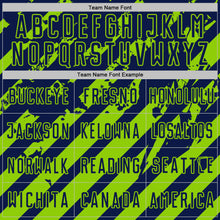 Загрузить изображение в средство просмотра галереи, Custom Navy Neon Green Distressed Diagonal Stripe Pattern Sports Sublimation Soccer Uniform Jersey