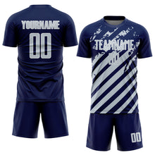 Загрузить изображение в средство просмотра галереи, Custom Navy Silver-White Distressed Diagonal Stripe Pattern Sports Sublimation Soccer Uniform Jersey