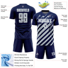 Загрузить изображение в средство просмотра галереи, Custom Navy Silver-White Distressed Diagonal Stripe Pattern Sports Sublimation Soccer Uniform Jersey