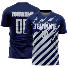 Загрузить изображение в средство просмотра галереи, Custom Navy Silver-White Distressed Diagonal Stripe Pattern Sports Sublimation Soccer Uniform Jersey