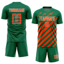 Загрузить изображение в средство просмотра галереи, Custom Kelly Green Orange-White Distressed Diagonal Stripe Pattern Sports Sublimation Soccer Uniform Jersey