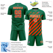 Загрузить изображение в средство просмотра галереи, Custom Kelly Green Orange-White Distressed Diagonal Stripe Pattern Sports Sublimation Soccer Uniform Jersey