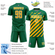 Загрузить изображение в средство просмотра галереи, Custom Kelly Green Gold-White Distressed Diagonal Stripe Pattern Sports Sublimation Soccer Uniform Jersey