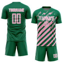 Загрузить изображение в средство просмотра галереи, Custom Kelly Green Light Pink-White Distressed Diagonal Stripe Pattern Sports Sublimation Soccer Uniform Jersey