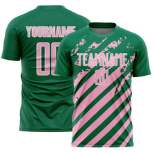 Загрузить изображение в средство просмотра галереи, Custom Kelly Green Light Pink-White Distressed Diagonal Stripe Pattern Sports Sublimation Soccer Uniform Jersey