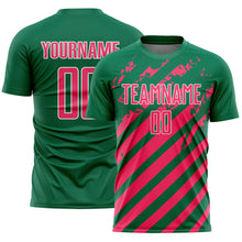 Загрузить изображение в средство просмотра галереи, Custom Kelly Green Neon Pink-White Distressed Diagonal Stripe Pattern Sports Sublimation Soccer Uniform Jersey