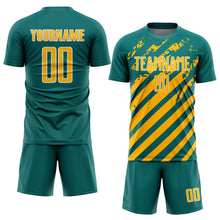 Загрузить изображение в средство просмотра галереи, Custom Teal Gold-White Distressed Diagonal Stripe Pattern Sports Sublimation Soccer Uniform Jersey