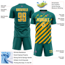 Загрузить изображение в средство просмотра галереи, Custom Teal Gold-White Distressed Diagonal Stripe Pattern Sports Sublimation Soccer Uniform Jersey