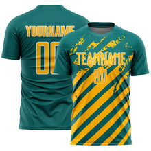Загрузить изображение в средство просмотра галереи, Custom Teal Gold-White Distressed Diagonal Stripe Pattern Sports Sublimation Soccer Uniform Jersey
