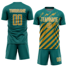Laden Sie das Bild in den Galerie-Viewer, Custom Teal Old Gold-White Distressed Diagonal Stripe Pattern Sports Sublimation Soccer Uniform Jersey