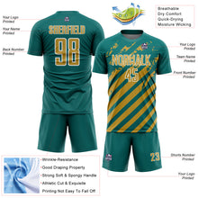 Laden Sie das Bild in den Galerie-Viewer, Custom Teal Old Gold-White Distressed Diagonal Stripe Pattern Sports Sublimation Soccer Uniform Jersey