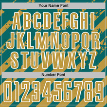 Laden Sie das Bild in den Galerie-Viewer, Custom Teal Old Gold-White Distressed Diagonal Stripe Pattern Sports Sublimation Soccer Uniform Jersey