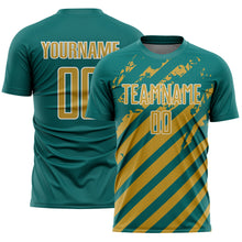 Laden Sie das Bild in den Galerie-Viewer, Custom Teal Old Gold-White Distressed Diagonal Stripe Pattern Sports Sublimation Soccer Uniform Jersey