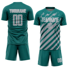 Загрузить изображение в средство просмотра галереи, Custom Teal Gray-White Distressed Diagonal Stripe Pattern Sports Sublimation Soccer Uniform Jersey