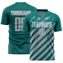 Загрузить изображение в средство просмотра галереи, Custom Teal Gray-White Distressed Diagonal Stripe Pattern Sports Sublimation Soccer Uniform Jersey