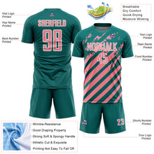 Загрузить изображение в средство просмотра галереи, Custom Teal Medium Pink-White Distressed Diagonal Stripe Pattern Sports Sublimation Soccer Uniform Jersey