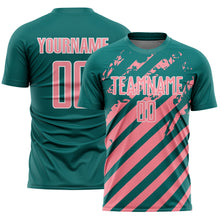 Загрузить изображение в средство просмотра галереи, Custom Teal Medium Pink-White Distressed Diagonal Stripe Pattern Sports Sublimation Soccer Uniform Jersey
