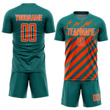 Загрузить изображение в средство просмотра галереи, Custom Teal Orange-White Distressed Diagonal Stripe Pattern Sports Sublimation Soccer Uniform Jersey