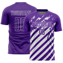 Load image into Gallery viewer, Custom Purple White Distressed Diagonal Stripe Pattern Sports Sublimation Soccer Uniform Jersey