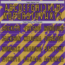 Charger l'image dans la galerie, Custom Purple Old Gold-Black Distressed Diagonal Stripe Pattern Sports Sublimation Soccer Uniform Jersey