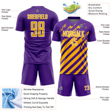 Load image into Gallery viewer, Custom Purple Gold-White Distressed Diagonal Stripe Pattern Sports Sublimation Soccer Uniform Jersey
