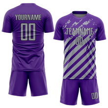 Загрузить изображение в средство просмотра галереи, Custom Purple Gray-Black Distressed Diagonal Stripe Pattern Sports Sublimation Soccer Uniform Jersey