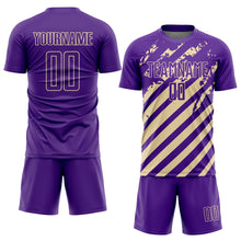 Load image into Gallery viewer, Custom Purple Cream Distressed Diagonal Stripe Pattern Sports Sublimation Soccer Uniform Jersey