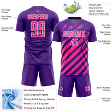 Загрузить изображение в средство просмотра галереи, Custom Purple Pink-White Distressed Diagonal Stripe Pattern Sports Sublimation Soccer Uniform Jersey