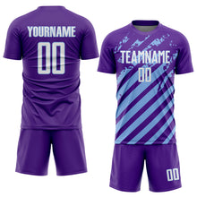 Загрузить изображение в средство просмотра галереи, Custom Purple White-Light Blue Distressed Diagonal Stripe Pattern Sports Sublimation Soccer Uniform Jersey