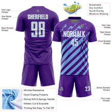 Загрузить изображение в средство просмотра галереи, Custom Purple White-Light Blue Distressed Diagonal Stripe Pattern Sports Sublimation Soccer Uniform Jersey