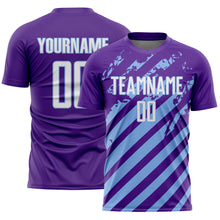 Загрузить изображение в средство просмотра галереи, Custom Purple White-Light Blue Distressed Diagonal Stripe Pattern Sports Sublimation Soccer Uniform Jersey