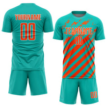 Load image into Gallery viewer, Custom Aqua Orange-White Distressed Diagonal Stripe Pattern Sports Sublimation Soccer Uniform Jersey