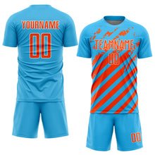 Load image into Gallery viewer, Custom Sky Blue Orange-White Distressed Diagonal Stripe Pattern Sports Sublimation Soccer Uniform Jersey