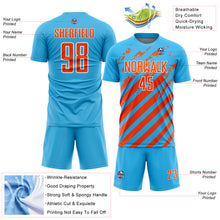 Load image into Gallery viewer, Custom Sky Blue Orange-White Distressed Diagonal Stripe Pattern Sports Sublimation Soccer Uniform Jersey