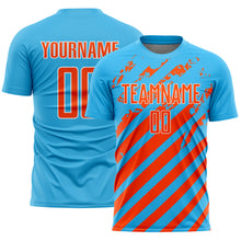 Load image into Gallery viewer, Custom Sky Blue Orange-White Distressed Diagonal Stripe Pattern Sports Sublimation Soccer Uniform Jersey