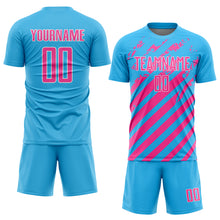 Загрузить изображение в средство просмотра галереи, Custom Sky Blue Pink-White Distressed Diagonal Stripe Pattern Sports Sublimation Soccer Uniform Jersey