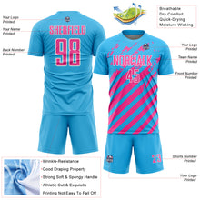 Загрузить изображение в средство просмотра галереи, Custom Sky Blue Pink-White Distressed Diagonal Stripe Pattern Sports Sublimation Soccer Uniform Jersey