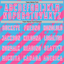 Загрузить изображение в средство просмотра галереи, Custom Sky Blue Pink-White Distressed Diagonal Stripe Pattern Sports Sublimation Soccer Uniform Jersey