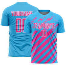 Загрузить изображение в средство просмотра галереи, Custom Sky Blue Pink-White Distressed Diagonal Stripe Pattern Sports Sublimation Soccer Uniform Jersey