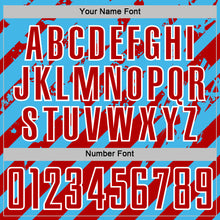 Laden Sie das Bild in den Galerie-Viewer, Custom Sky Blue Red-White Distressed Diagonal Stripe Pattern Sports Sublimation Soccer Uniform Jersey