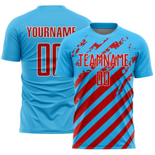Laden Sie das Bild in den Galerie-Viewer, Custom Sky Blue Red-White Distressed Diagonal Stripe Pattern Sports Sublimation Soccer Uniform Jersey
