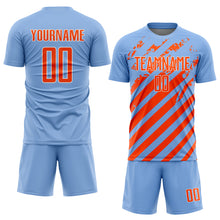 Load image into Gallery viewer, Custom Light Blue Orange-White Distressed Diagonal Stripe Pattern Sports Sublimation Soccer Uniform Jersey